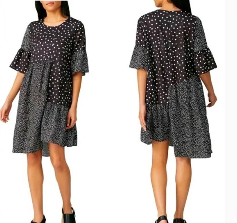 CAARA Black White Millazo Satin Short Sleeve Shift Dress Size S